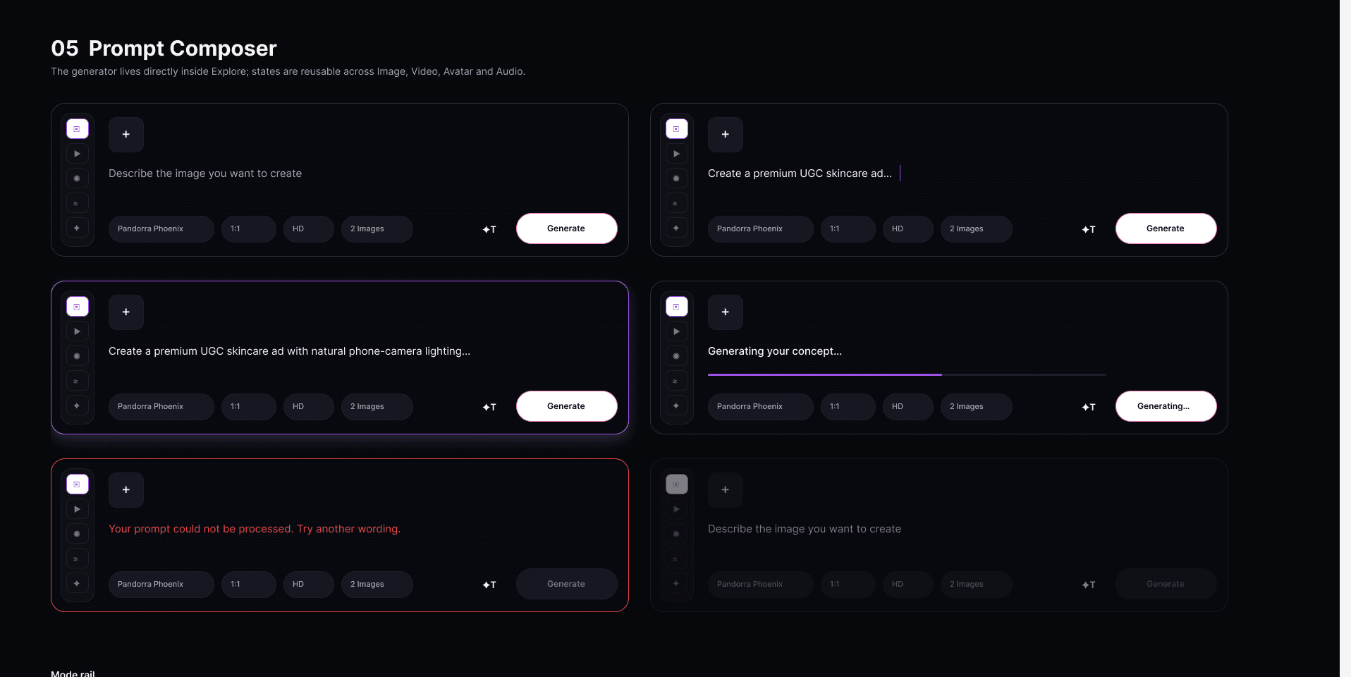 Pandorra.ai design system, prompt composer: six states of the generator card, from empty to generating and error