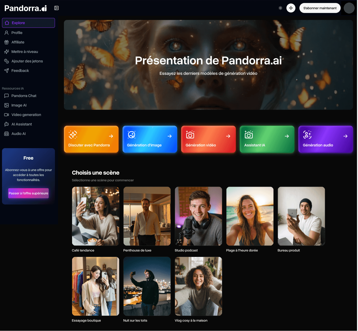 Pandorra.ai Explore screen: sidebar with Explore, Profile, Affiliate and the AI resources, a presentation banner, five tool cards and a grid of scene presets