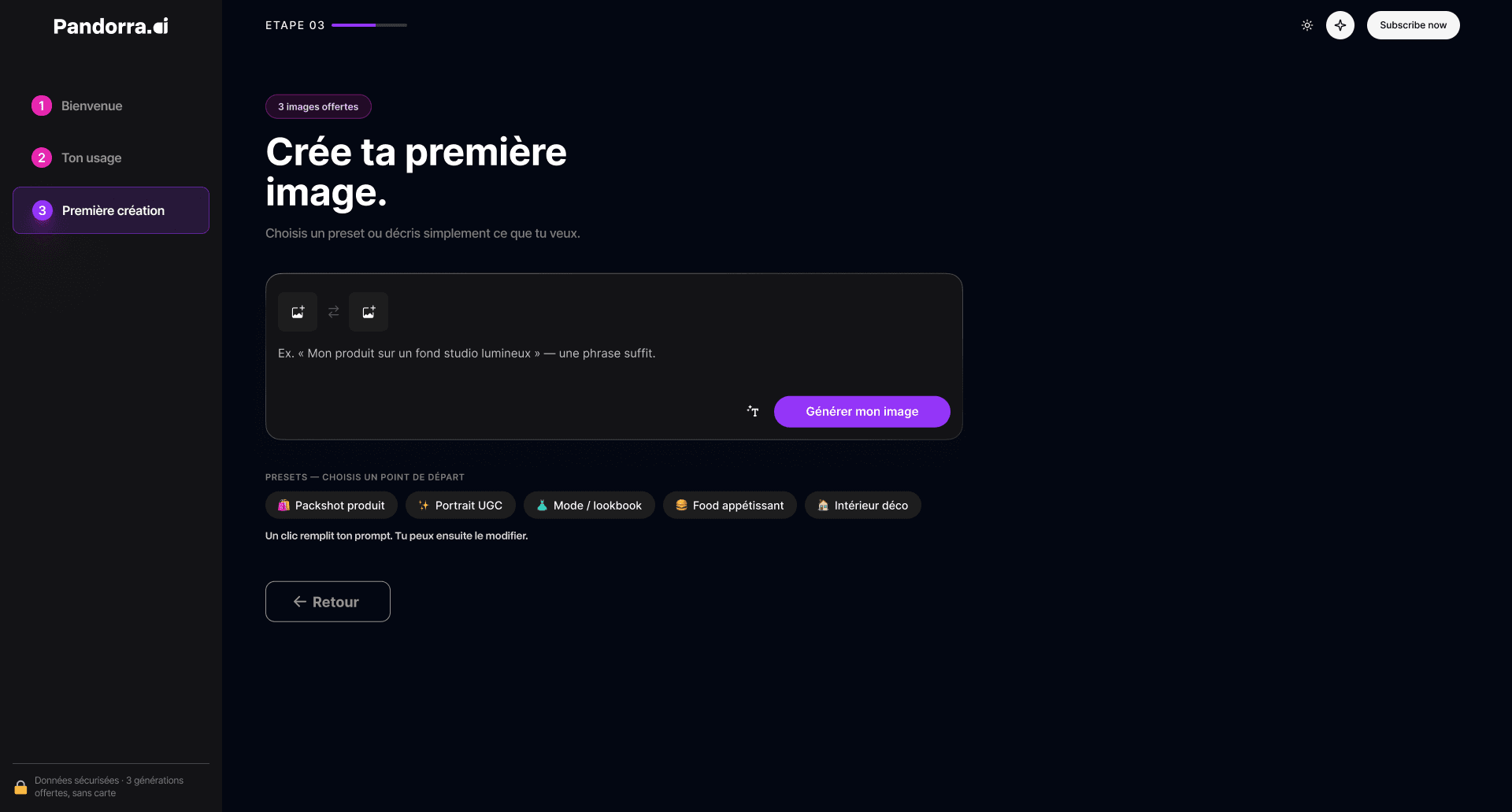 Onboarding step 3, first creation: the prompt composer with an example prompt, the generate button and five preset chips