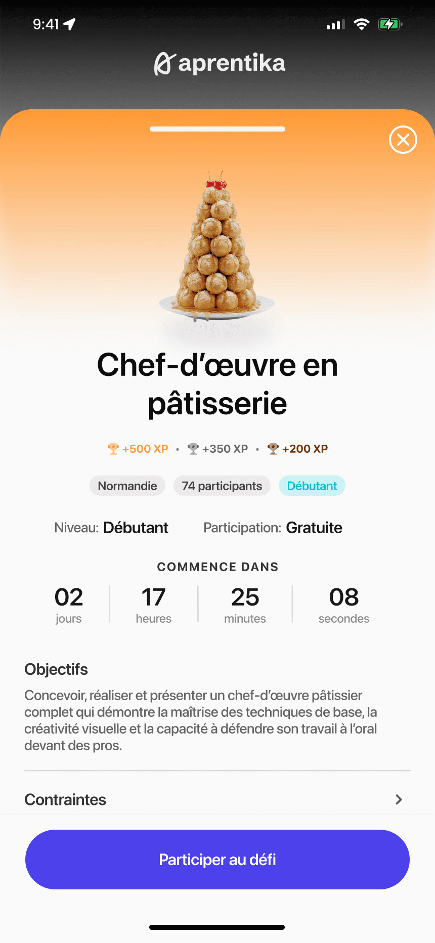 Fiche d’un défi : un chef-d’œuvre en pâtisserie, ses récompenses, le niveau, la participation gratuite, le compte à rebours, les objectifs et le bouton Participer au défi.