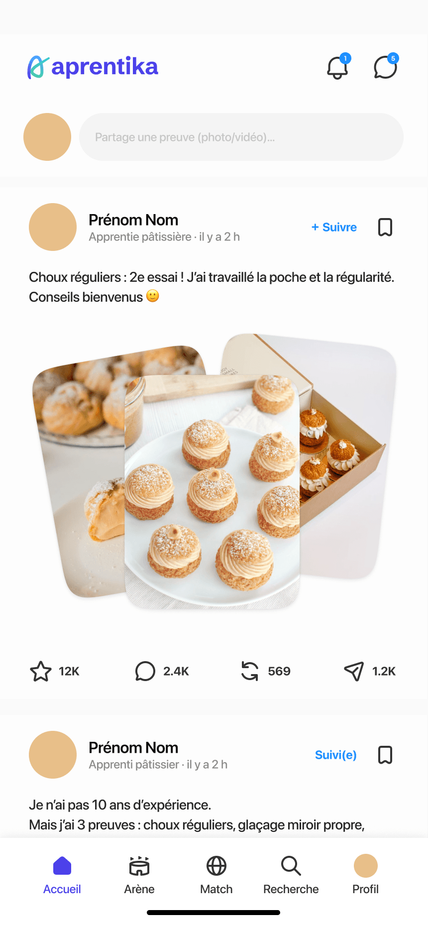 Fil d’accueil : la publication d’une apprentie, des choux partagés comme preuve de compétence, avec ses réactions, et la barre d’onglets Accueil, Arène, Match, Recherche, Profil.