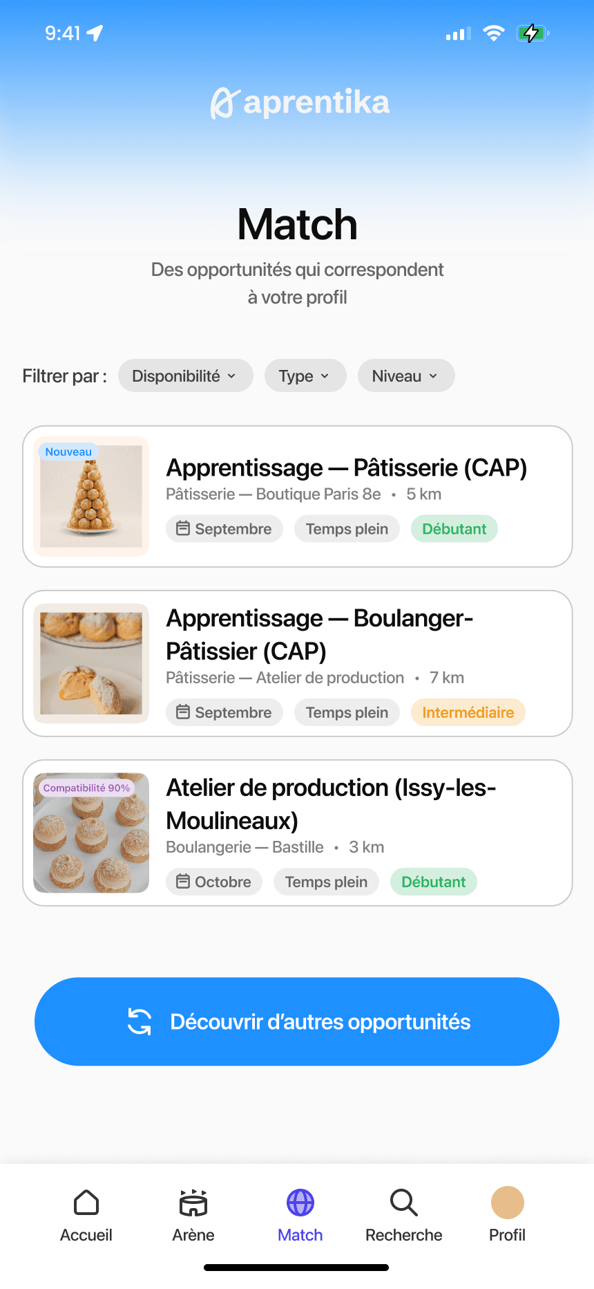 Écran Match : trois offres d’apprentissage qui correspondent au profil, avec des filtres par disponibilité, type et niveau, et un bouton pour découvrir d’autres opportunités.