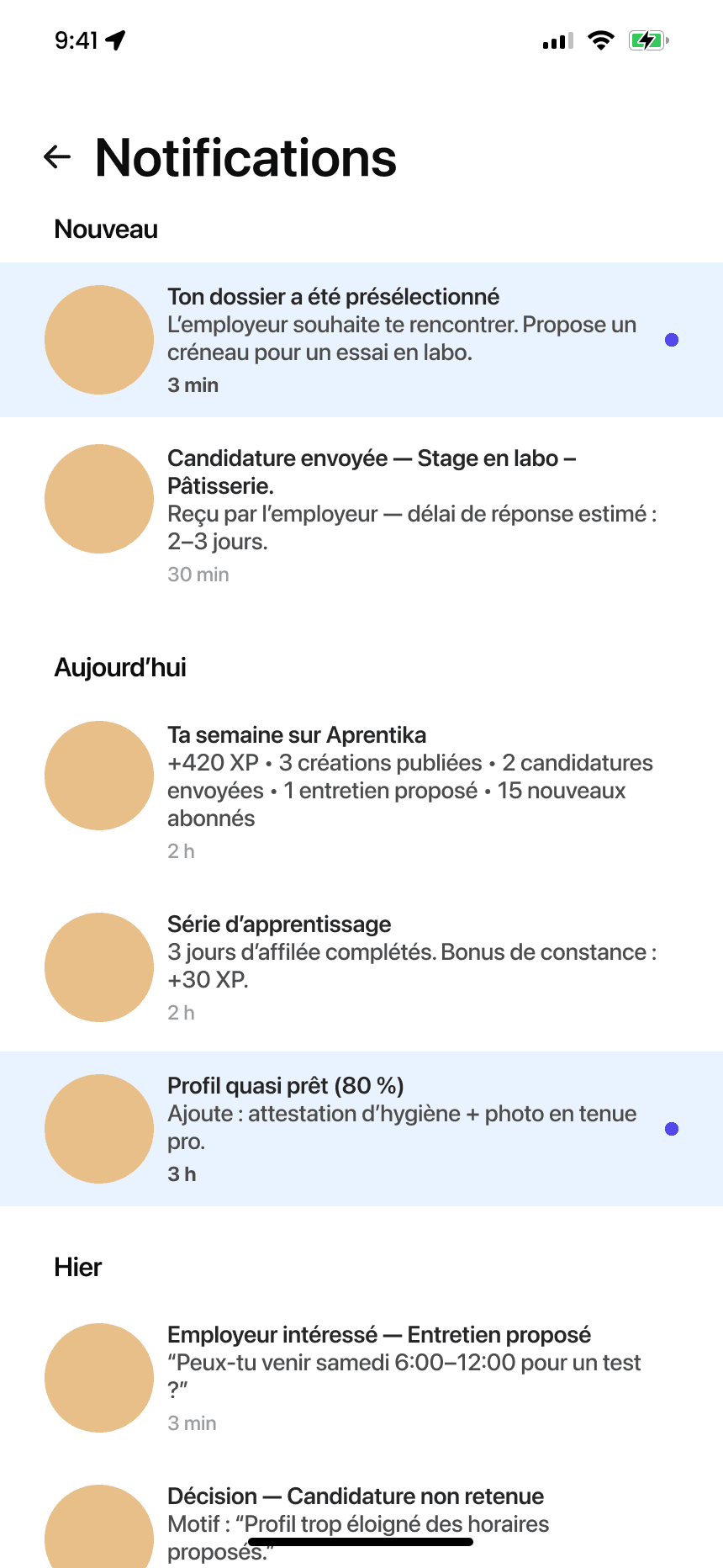 Notifications : dossier présélectionné, candidature envoyée, bilan de la semaine, série d’apprentissage, profil presque complet.