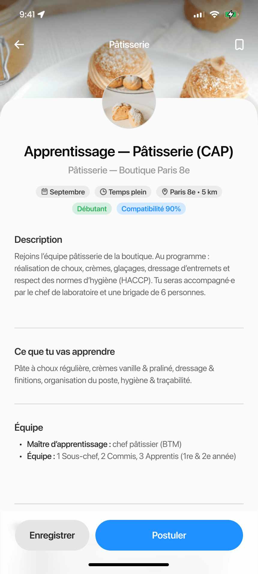 Page d’offre : apprentissage en pâtisserie (CAP) avec date de début, rythme, distance, niveau et compatibilité, puis description, ce que tu vas apprendre, équipe, et les boutons Enregistrer et Postuler.