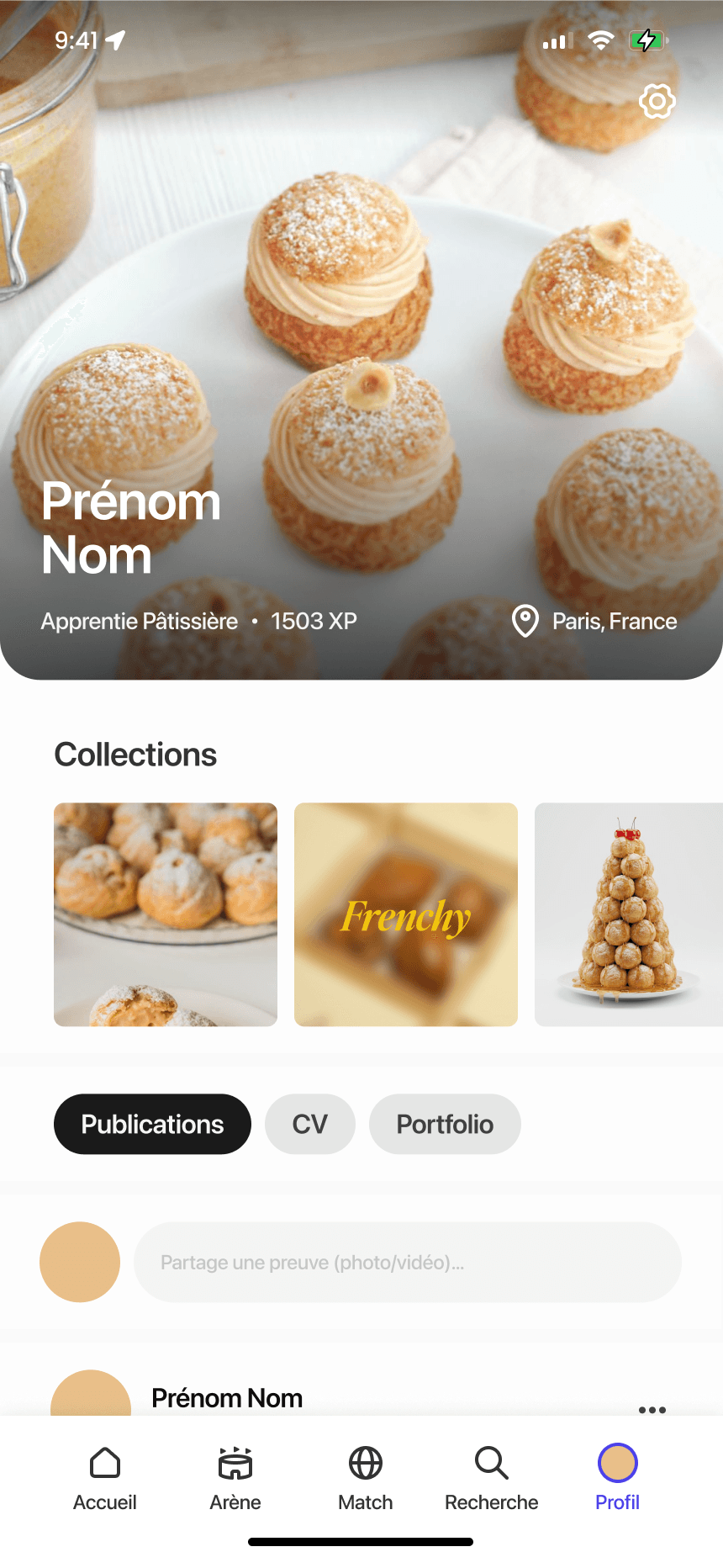 Écran de profil : photo de couverture de pâtisseries, niveau et XP de l’apprentie, collections, et les onglets Publications, CV et Portfolio.