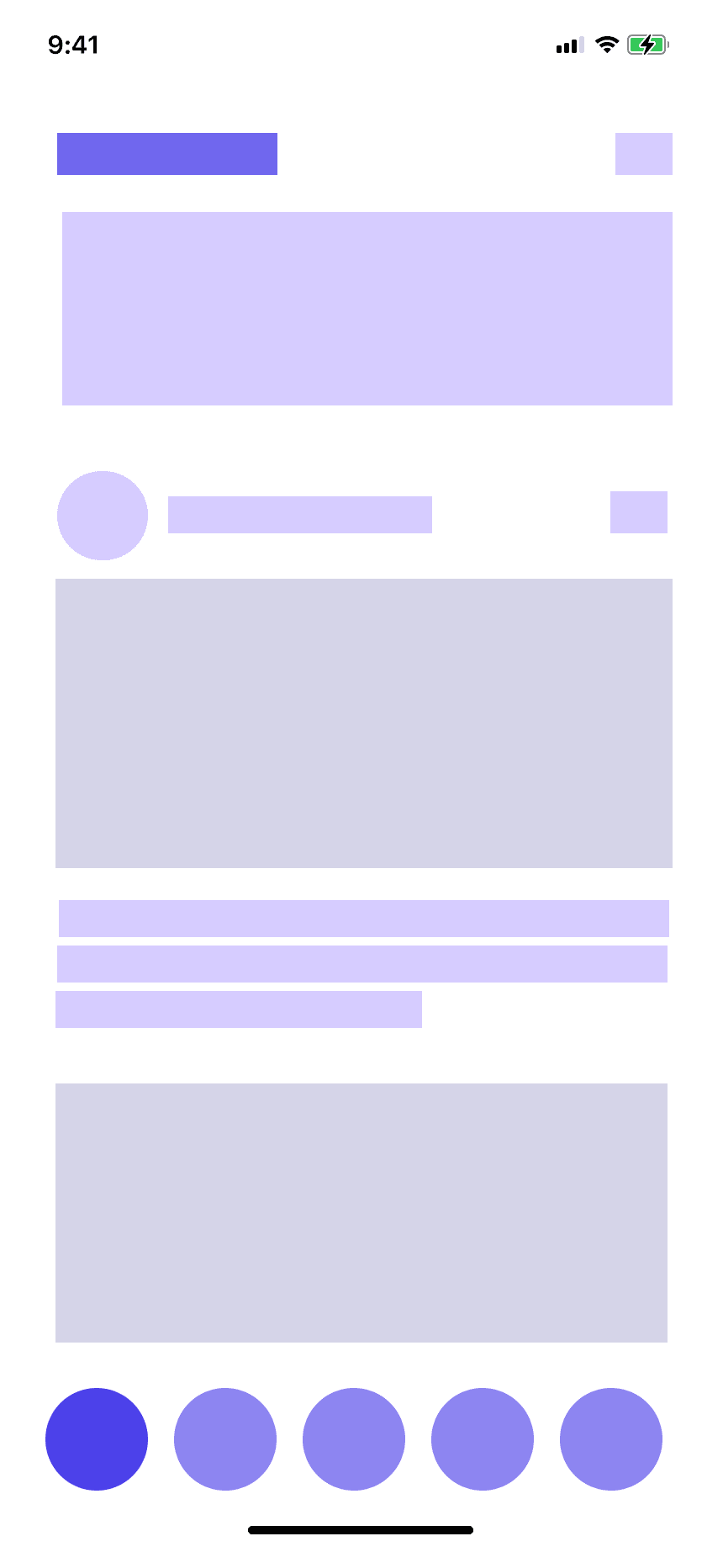 Wireframe de l’accueil : en-tête, bannière, une publication avec auteur, image et texte, barre d’onglets.