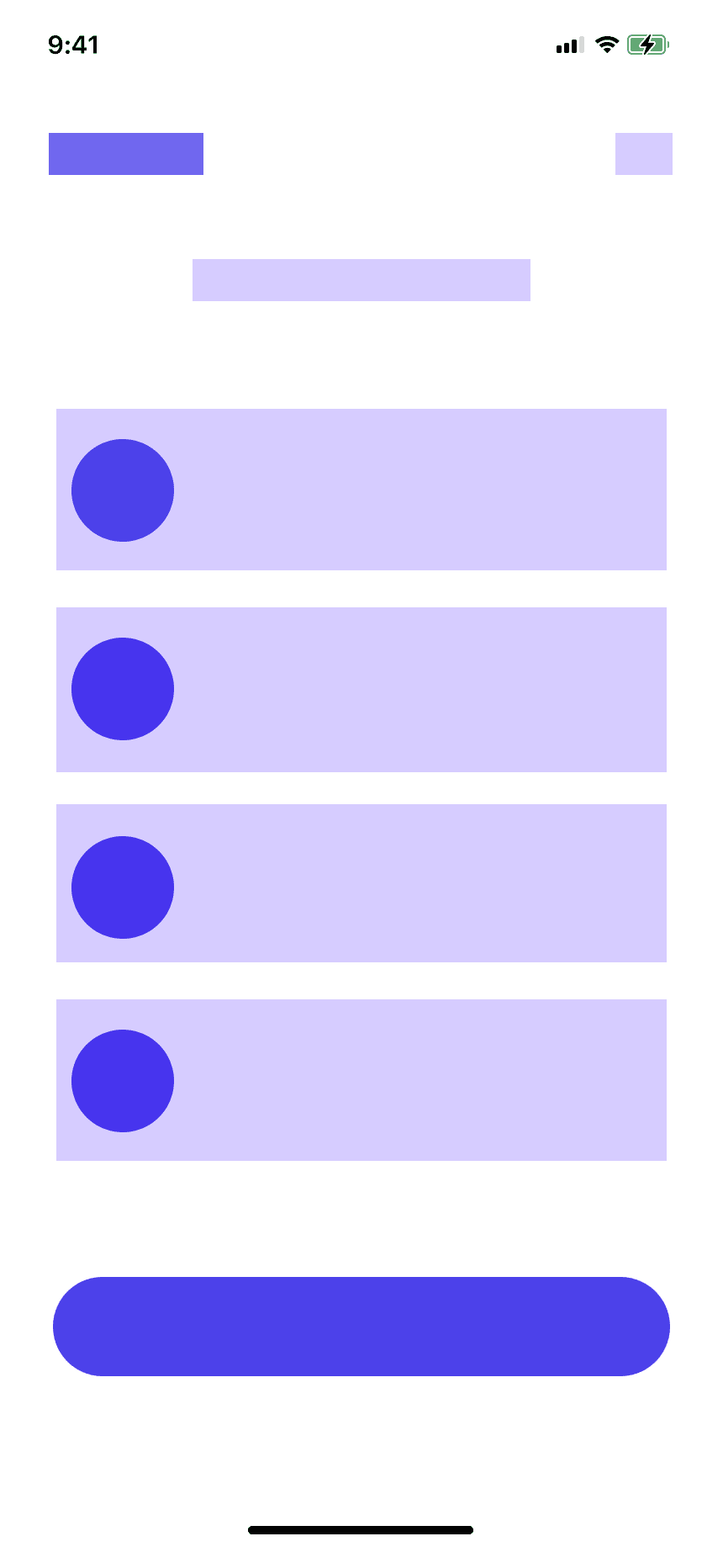 Wireframe de l’écran de matching : titre, quatre éléments de liste avec vignette, bouton principal.