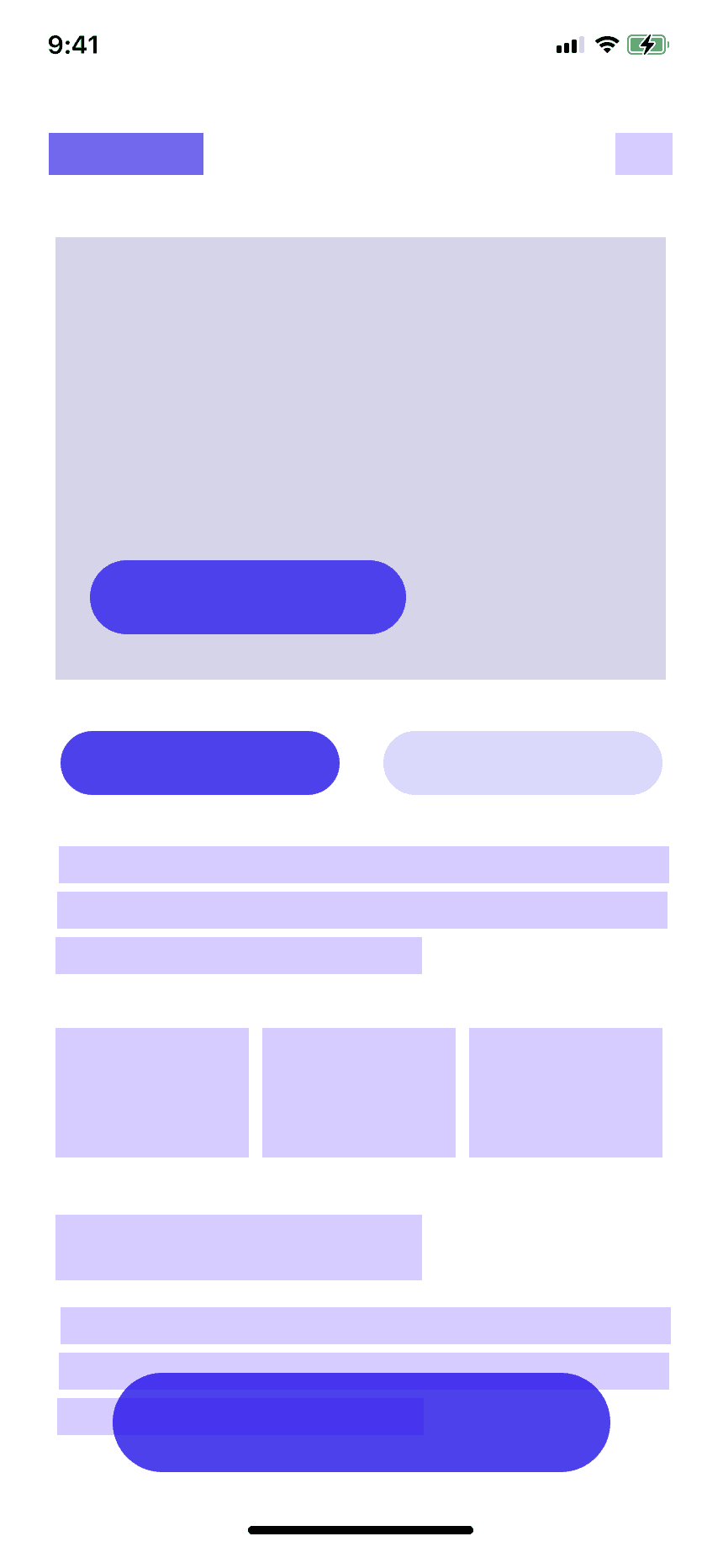 Wireframe de la page d’offre : couverture avec une action, deux boutons, blocs de texte, trois tuiles, bouton principal.