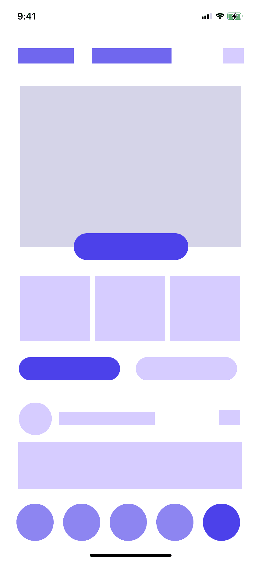 Wireframe du profil : couverture avec une action, trois tuiles, deux onglets, une publication, barre d’onglets.