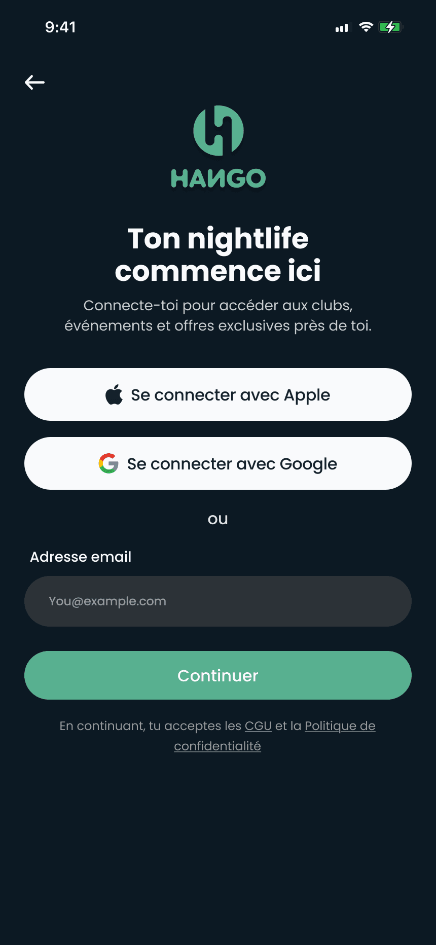 Écran de connexion Hango : logo, titre « Ton nightlife commence ici », Se connecter avec Apple, Se connecter avec Google, un champ e-mail et le bouton Continuer