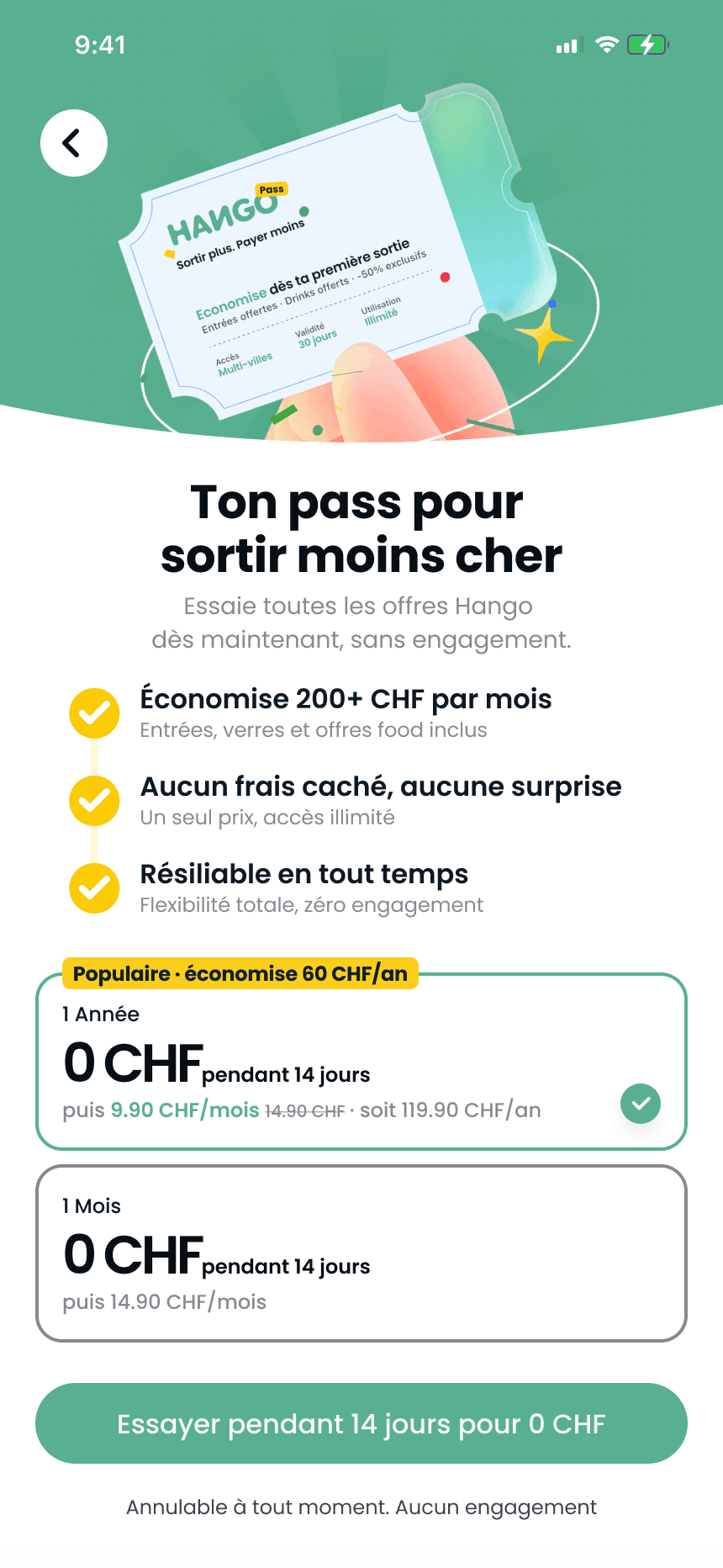 Paywall Hango : illustration du pass, titre « Ton pass pour sortir moins cher », trois avantages, une formule annuelle et une mensuelle et le bouton d’essai de 14 jours