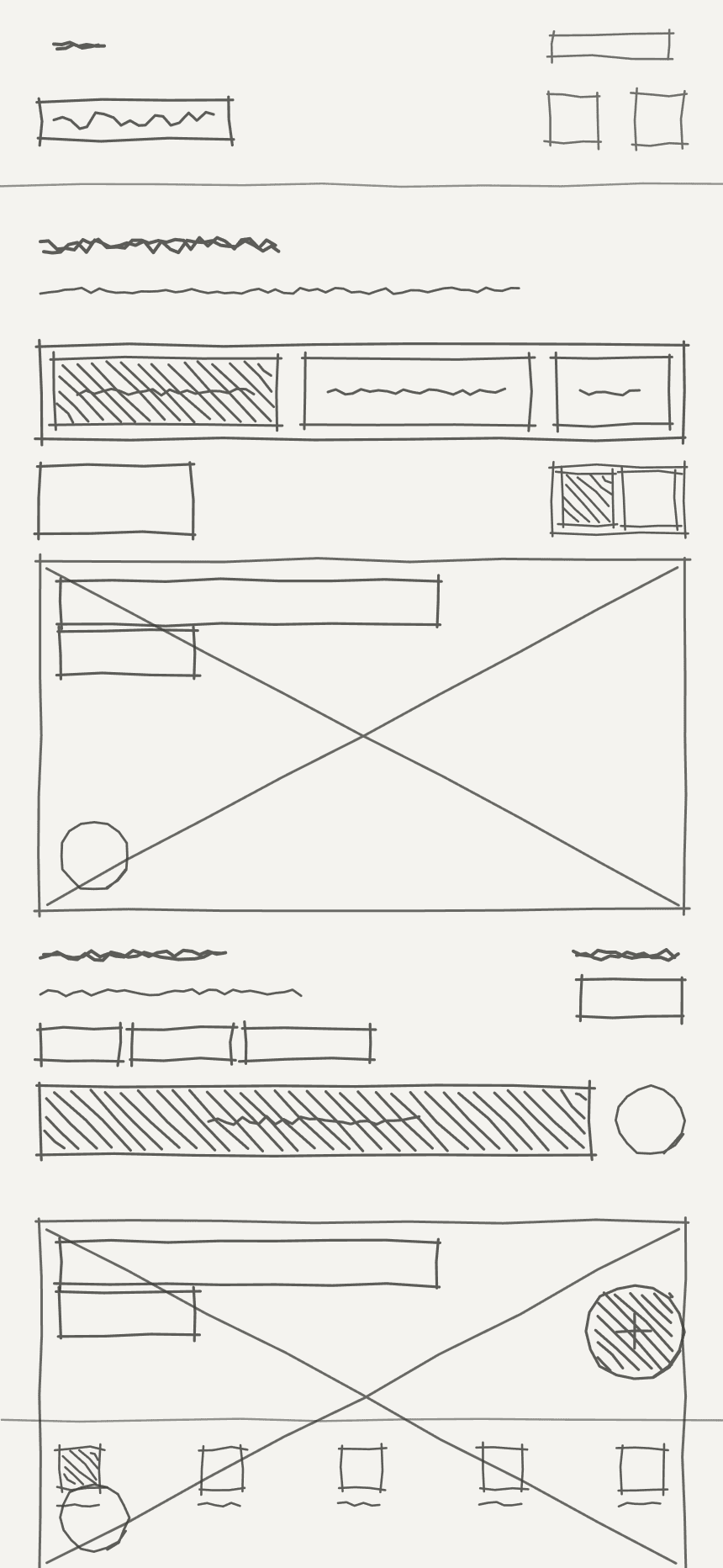 Croquis de l’écran Découvrir : blocs dessinés à la main pour l’en-tête, les onglets, les cartes d’évènements et la navigation basse