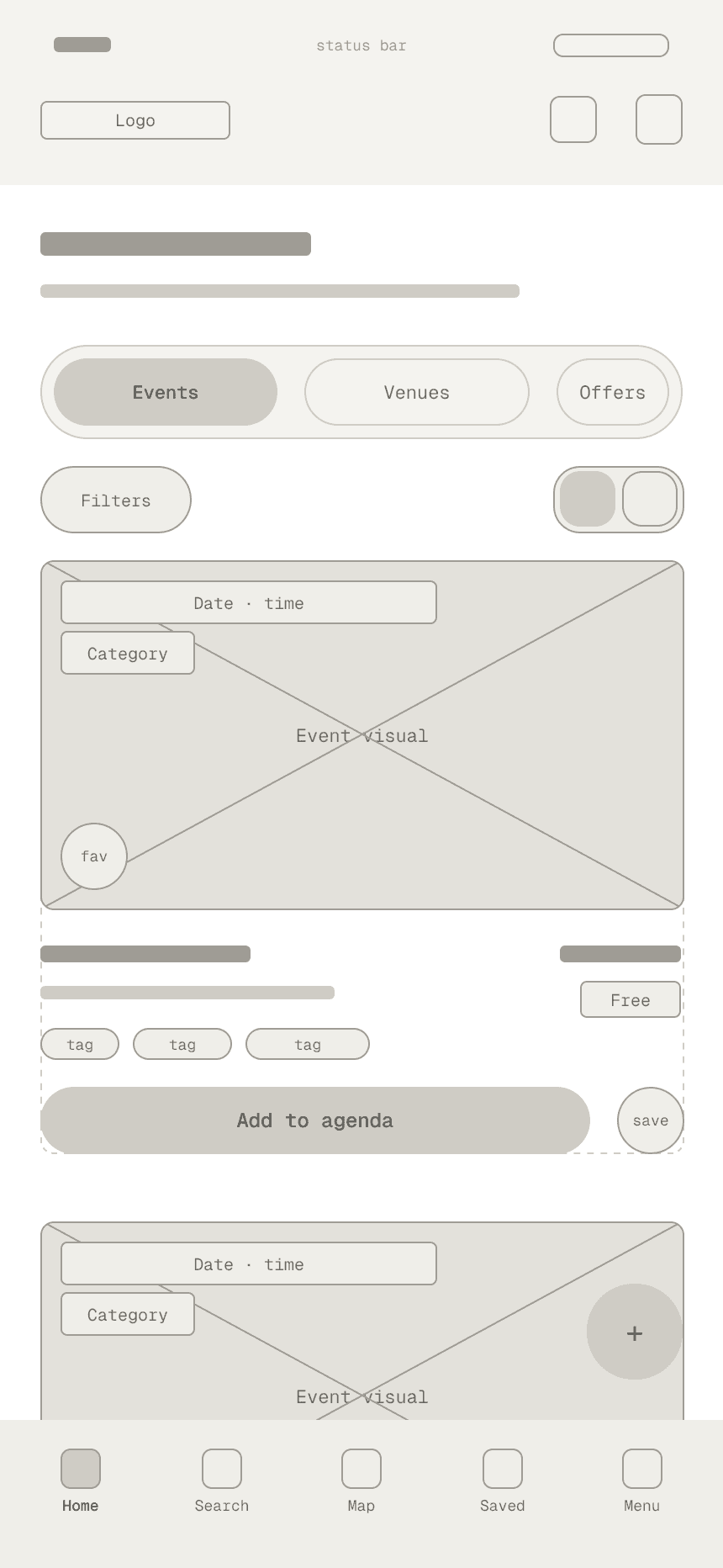 Wireframe basse fidélité de l’écran Découvrir avec des blocs gris pour chaque élément
