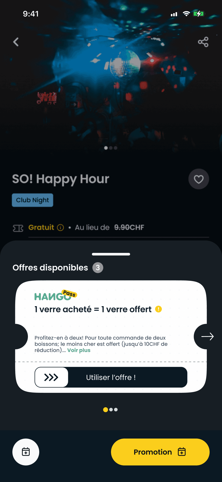 Détail d’évènement Hango : photo, titre, entrée gratuite au lieu de 9,90 CHF et le volet des offres disponibles avec un bouton « Utiliser l’offre »