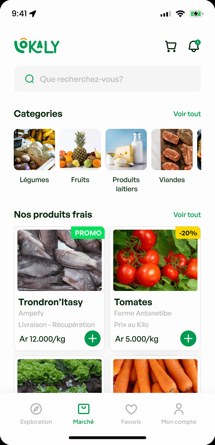 Écran de marché en haute fidélité : le logo Lokaly, un champ de recherche, des catégories photographiées (Légumes, Fruits, Produits laitiers, Viandes), des produits frais comme le Trondron’Itasy d’Ampefy avec livraison ou retrait et des tomates de la Ferme Antanetibe au prix du kilo, et une barre inférieure Exploration, Marché, Favoris, Mon compte.
